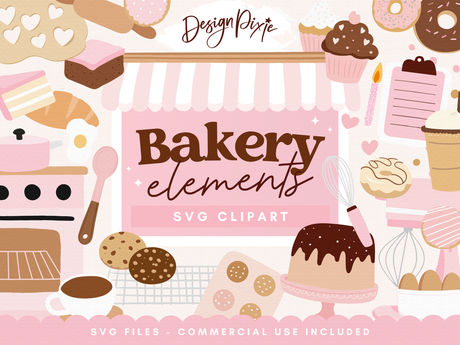 Pink Bakery SVG clipart with cookies, cupcakes, cakes and baking tools