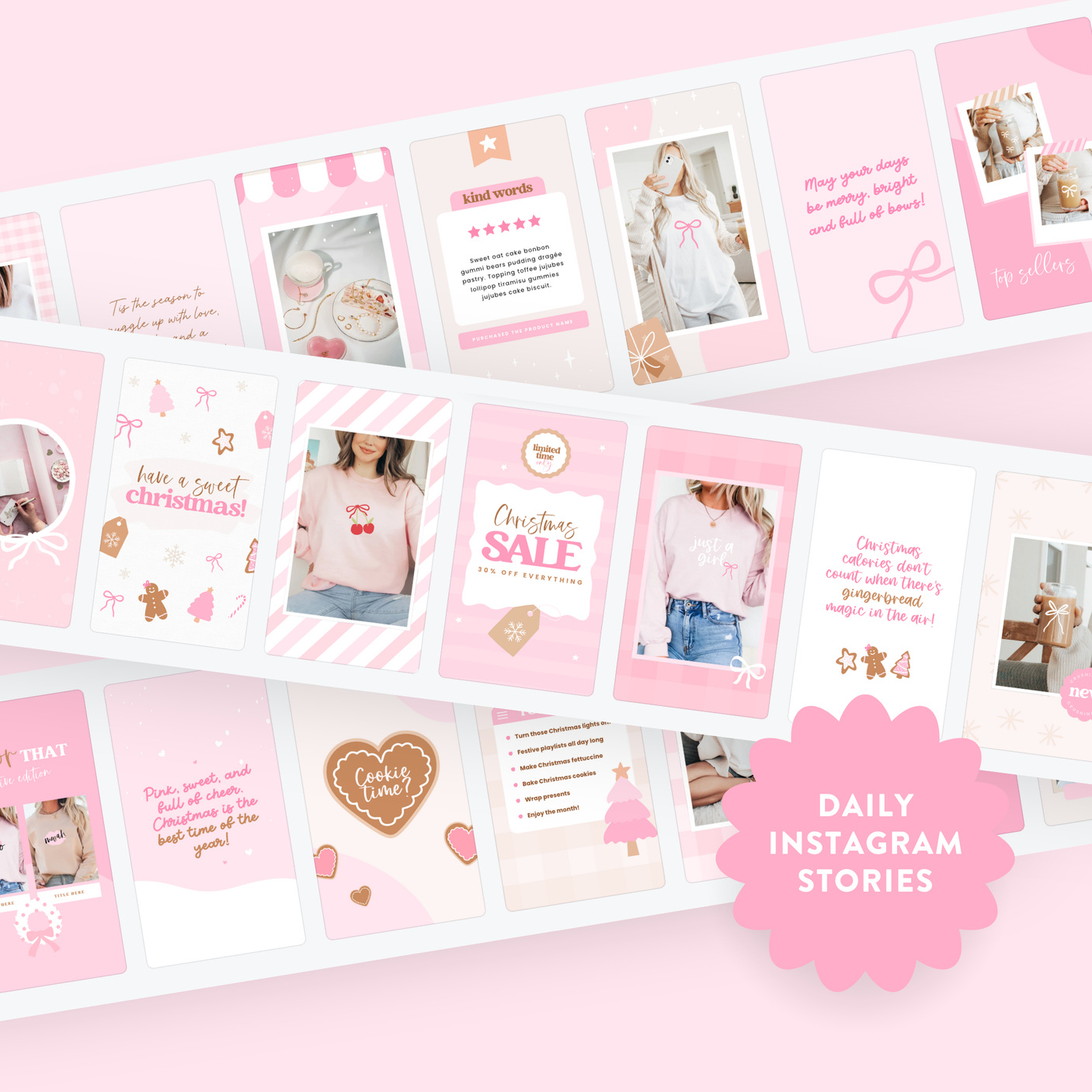 Pink Christmas instagram story templates with ideas for festive social media content