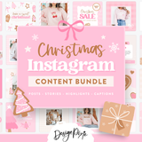 Pink Christmas Instagram Templates bundle, editable in Canva with Coquette aesthetic bows, gingham, hearts and more.