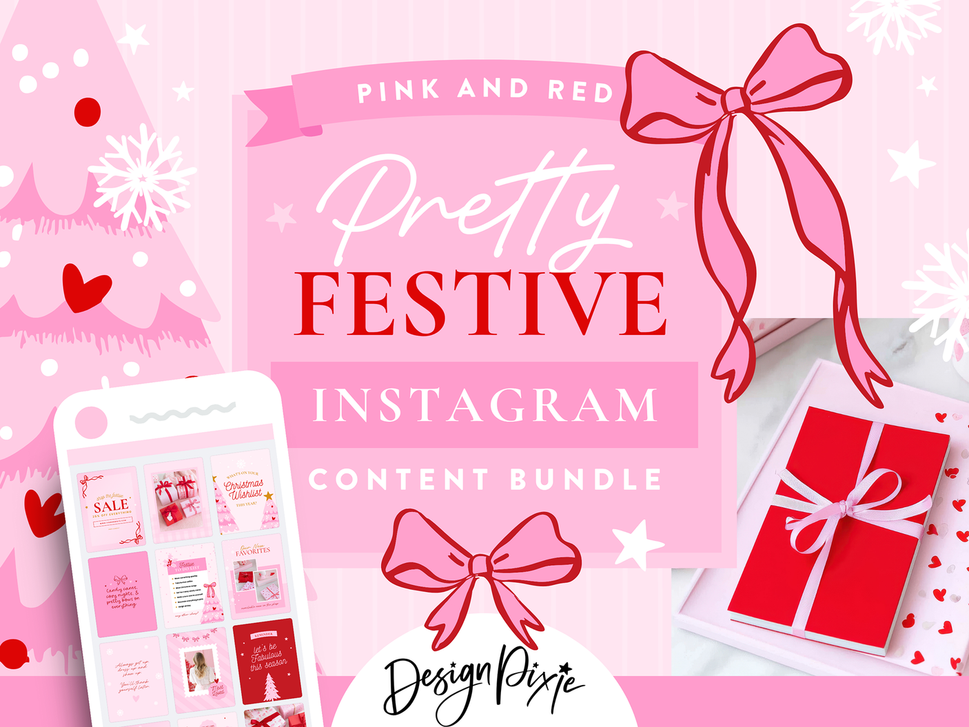 Pretty pink and red Christmas Instagram templates to edit in Canva with bows and feminine details