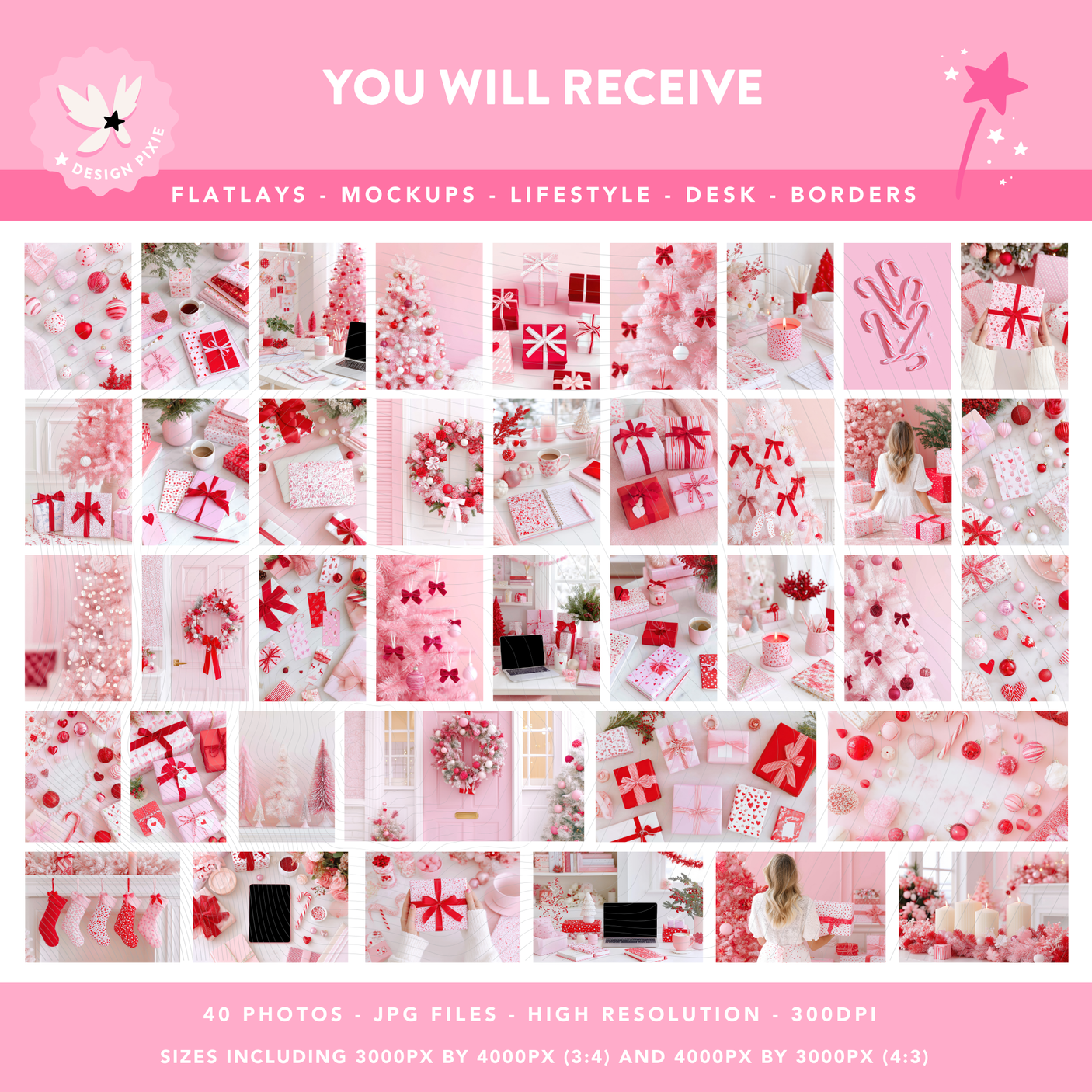 Pink Christmas styled stock photos with bows and coquette details