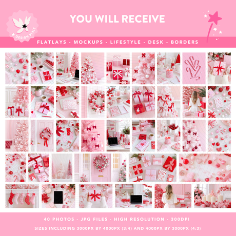 Pink Christmas styled stock photos with bows and coquette details