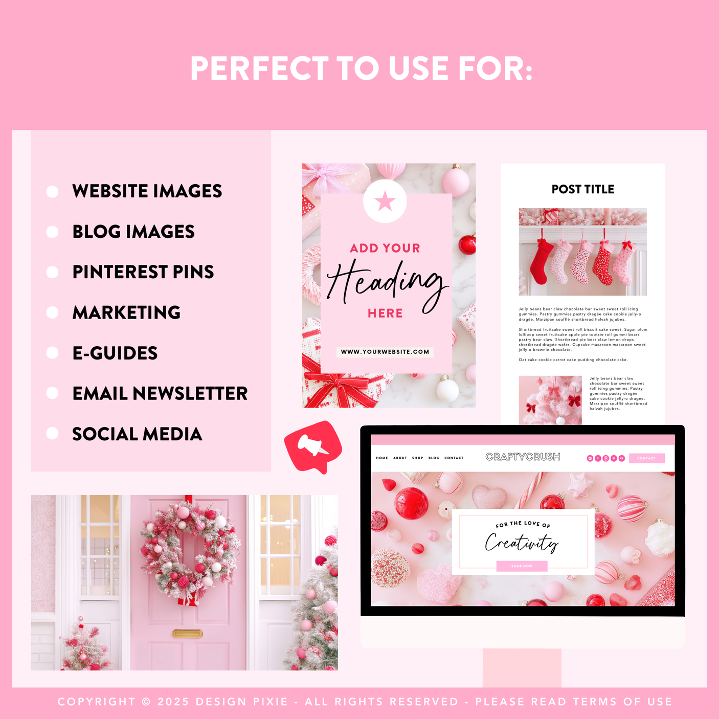 Pink design kit with various templates for website images, blog posts, and social media on a pink background.