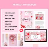 Pink design kit with various templates for website images, blog posts, and social media on a pink background.