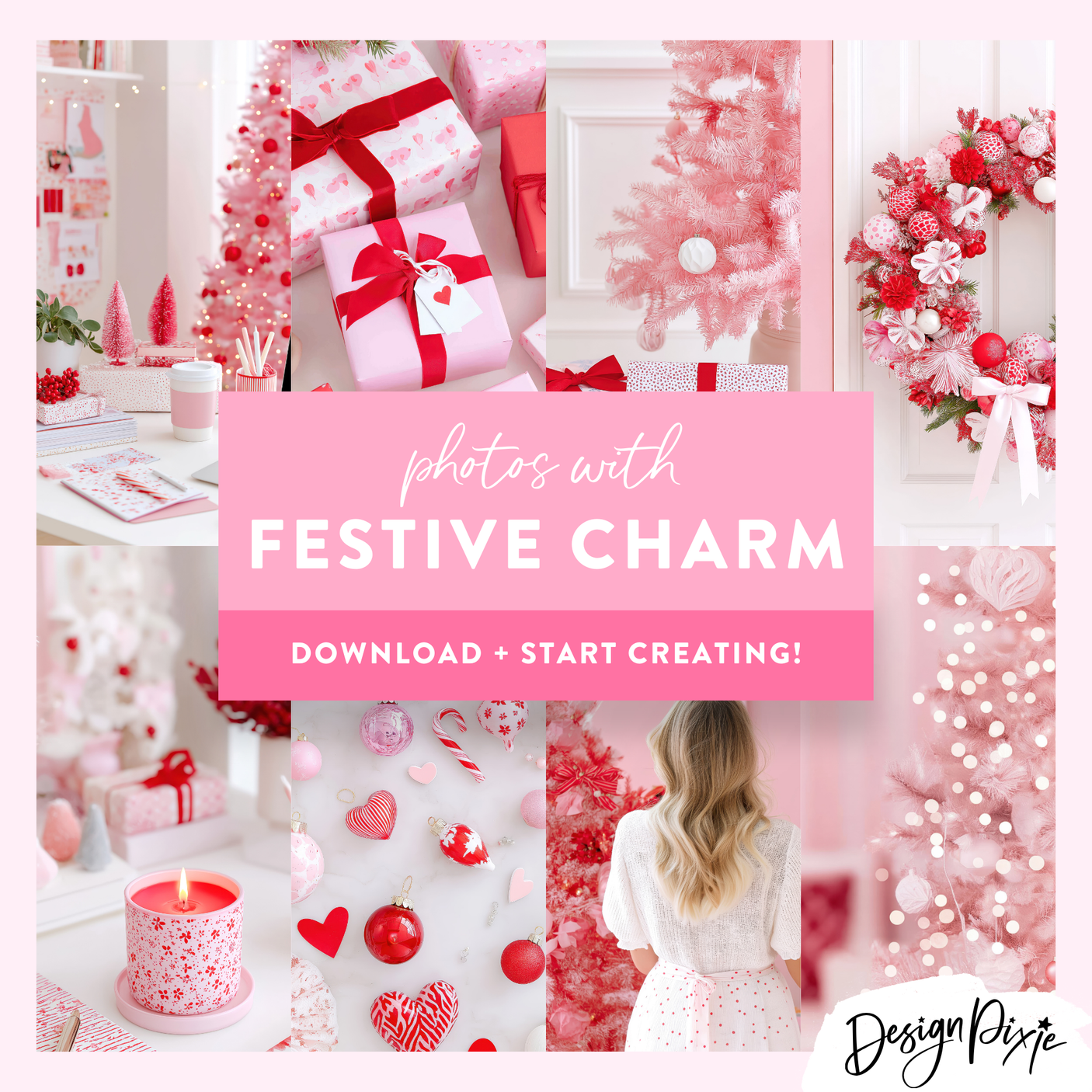 Pink Christmas styled stock photos with Christmas trees, fairylights, desk flatlets, ornaments, candles and more
