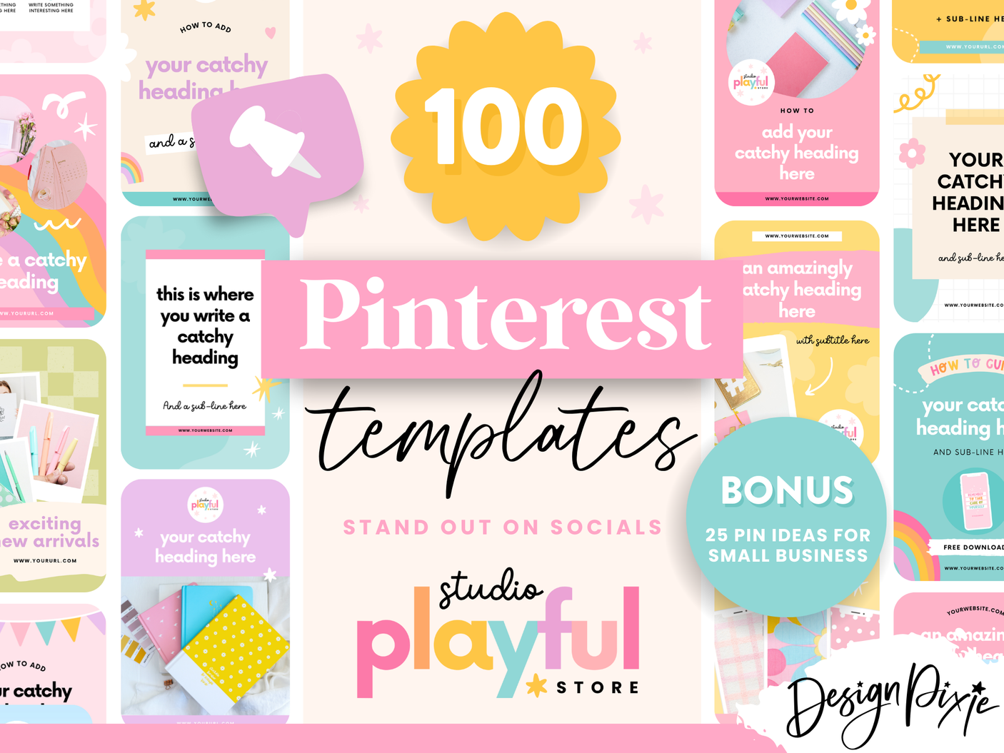 Playful Pinterest templates to edit in Canva in rainbow designs