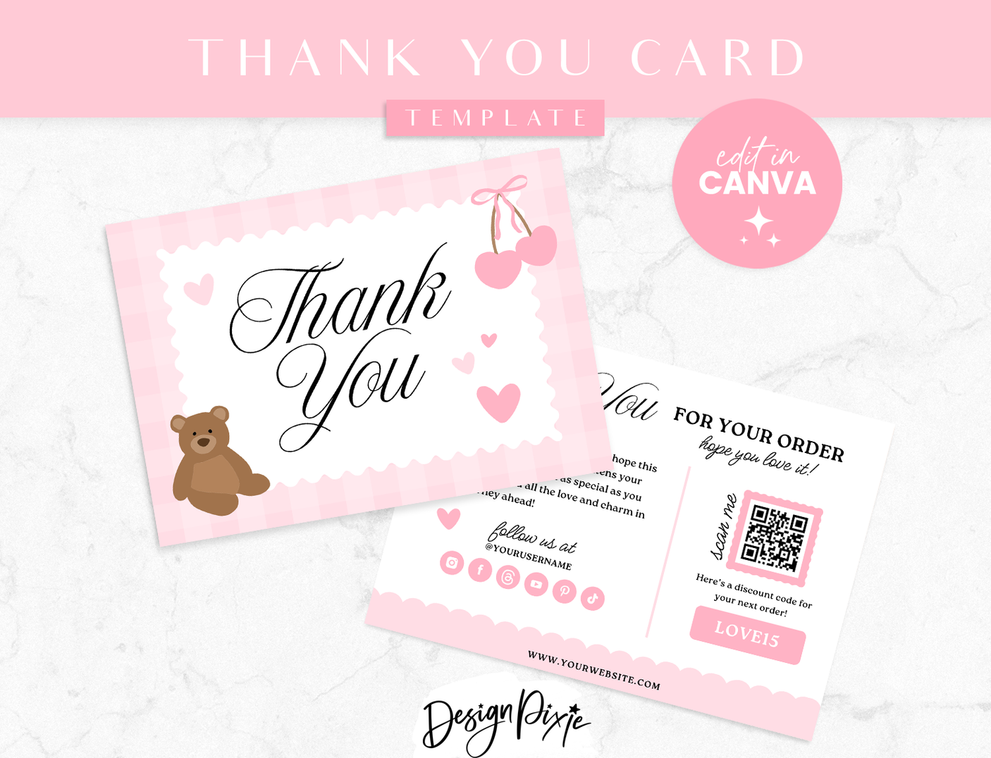 Pretty pink thank you card template to edit in Canva