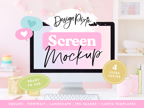 Pretty iMac mockup on desk with fairylights and pastel colors