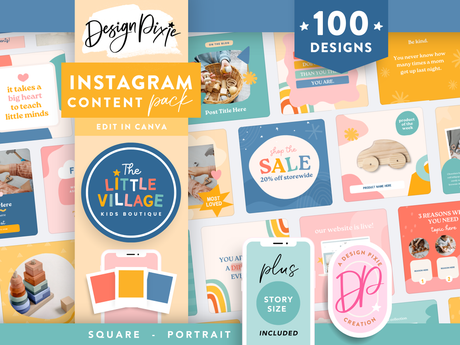 Bright colourful Instagram templates in primary colors, editable in Canva for creative posts and stories for kids business