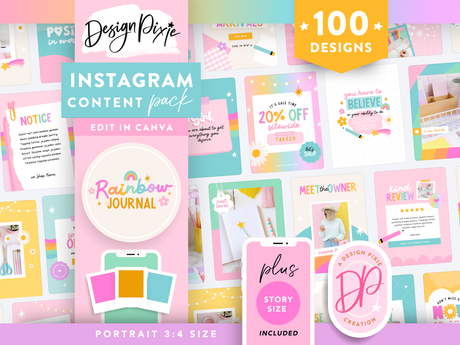Rainbow highlighter Instagram templates to edit in Canva with super bright designs for posts and stories