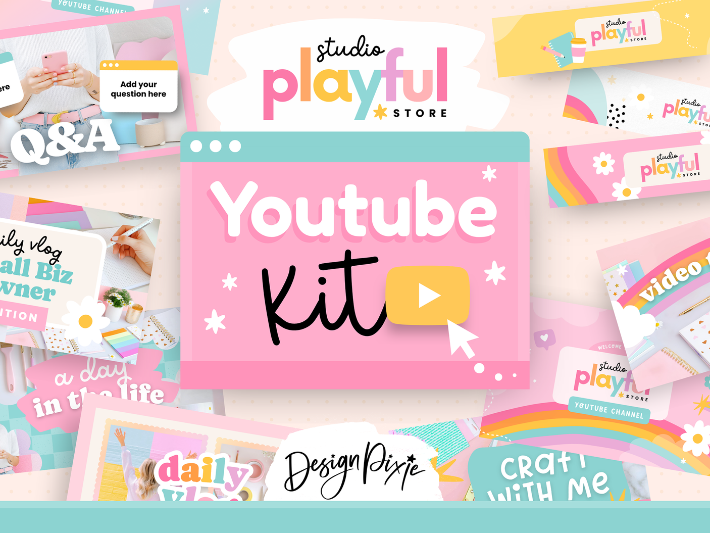 Playful rainbow YouTube branding kit templates for Canva featuring pink colors, rainbows, stars, flowers, animated intros, thumbnails, and banners.
