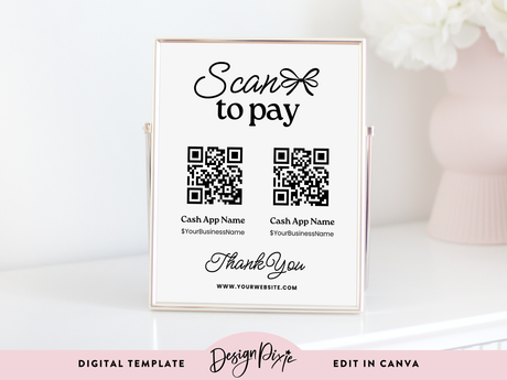 Printable scan to pay sign template to edit in Canva with pretty bow design in black and white