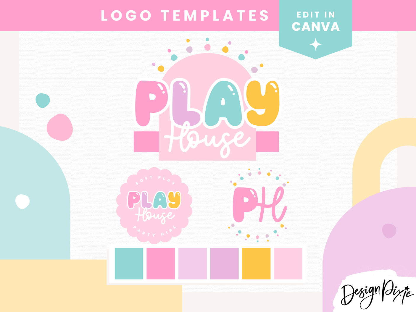 Soft play logo design template for kids store featuring pastel colors and bubble font