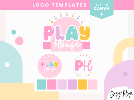 Soft play logo design template for kids store featuring pastel colors and bubble font