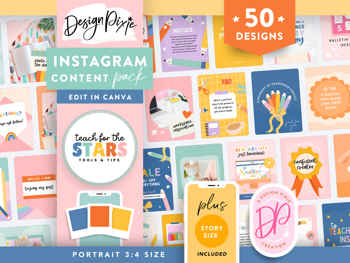 Teacher Instagram templates to edit in Canva, with bright primary colors and post ideas for classroom, TPT sellers and educators.