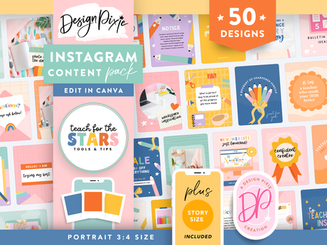 Teacher Instagram templates to edit in Canva, with bright primary colors and post ideas for classroom, TPT sellers and educators.