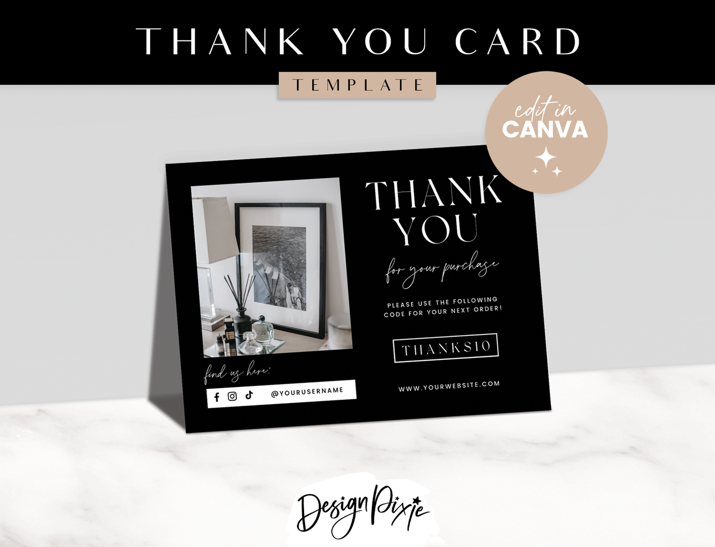 Luxe Black Thank You Card Template - Design Pixie