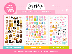 Doll maker with cute girl characters, rainbow colours, costumes, shoes and accessories