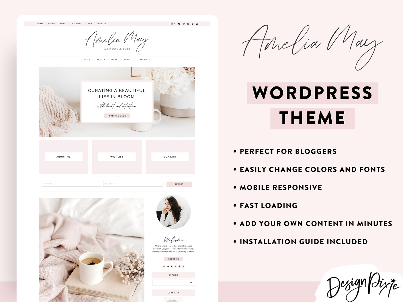 Amelia May WordPress theme with website layout and features on a light pink background