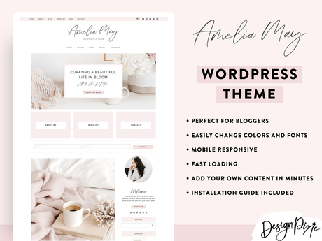 Amelia May WordPress theme with website layout and features on a light pink background
